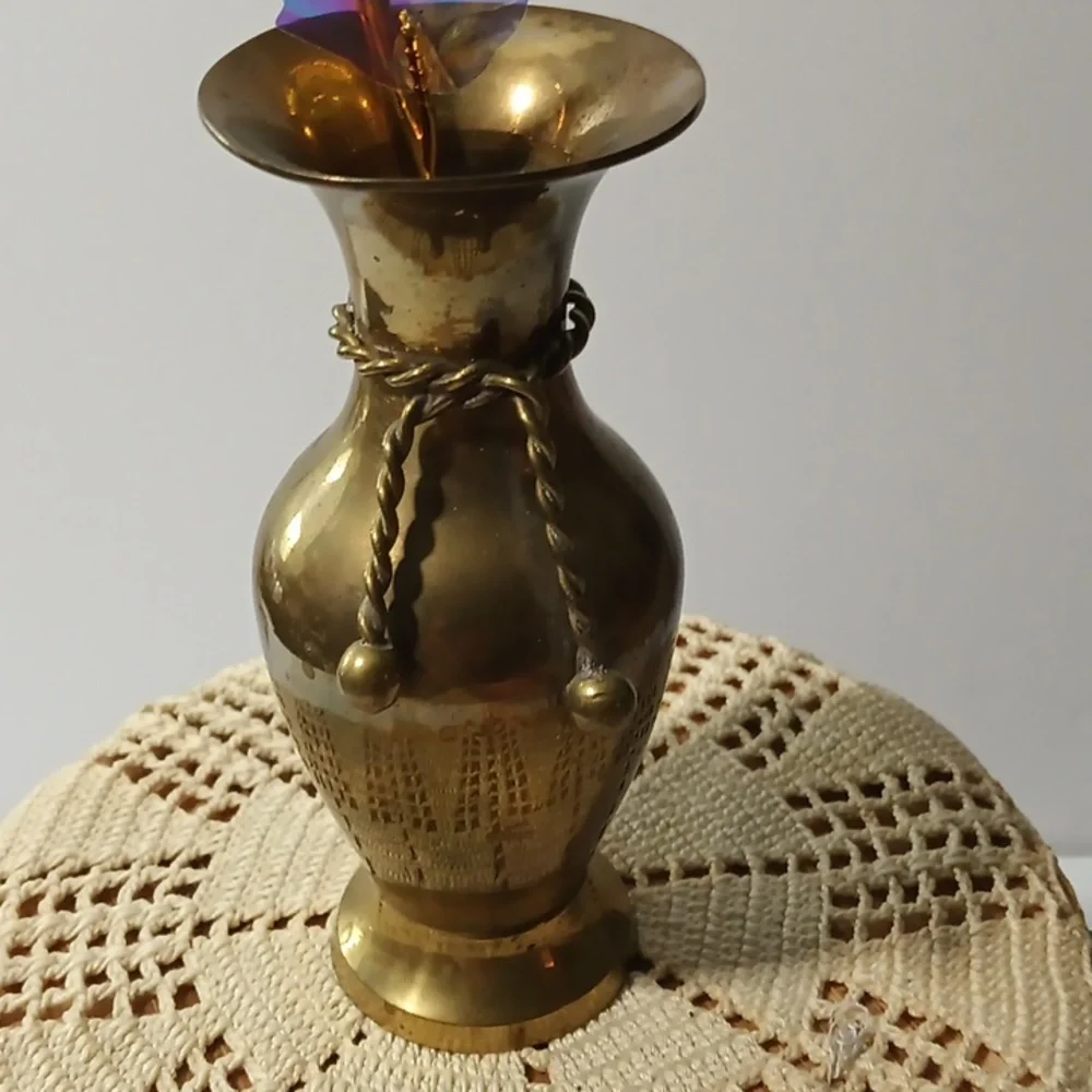 Vintage Solid Brass Etched Vase - Dull Finish - 5. 75” Tall - Boho Decor